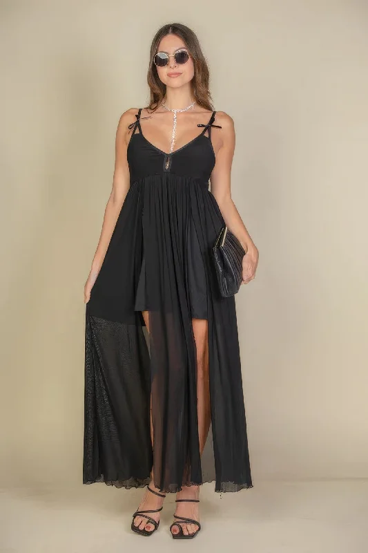 Valentine's Special Plunge Neck Split Thigh Mesh Maxi Dress Parisian Effortless Chic Style