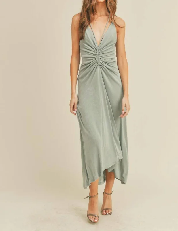 Vintage Style Deals All The Drama Ruched Halter Midi Dress In Minty Grey Vintage Elegance