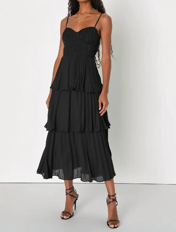 Budget-Friendly Fashion Cascading Crush Tiered Bustier Midi Dress In Black Effortless Sophistication