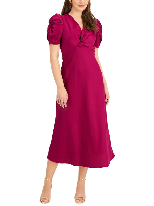 Limited Time Womens Sateen Pufleeves Midi Dress Sleek Design