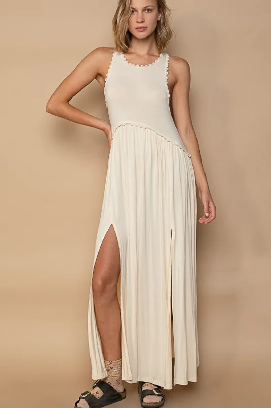 Weekend Exclusive Sleeveless Back Zipper Front Slit Maxi Dress Feminine Soft - Hued Look