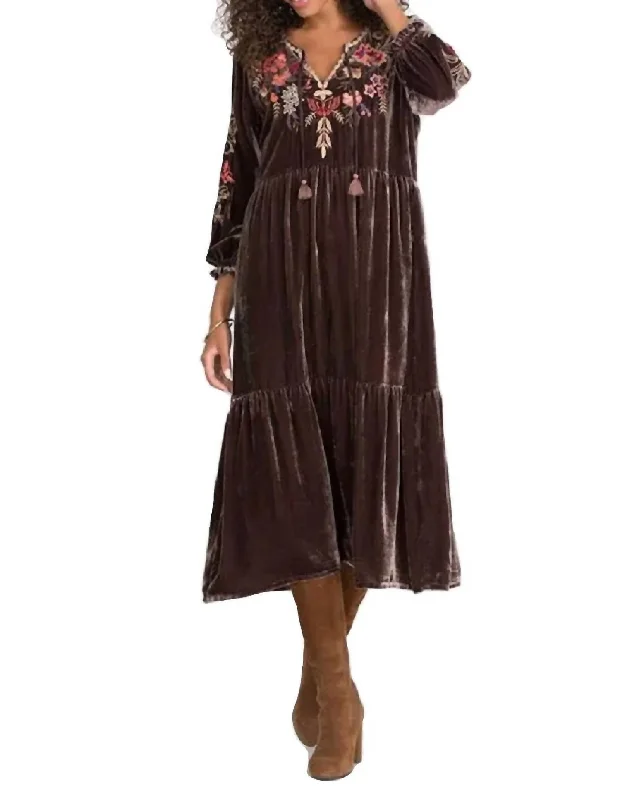 Classic Chic Deals Taline Velvet Boho Midi Dress In Coffee Bean Final Clearance