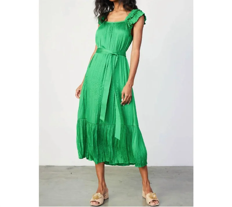 Latest Fashion Ruffled Sleeve Crinkle Midi Dress In Green Y2K Nostalgic Fashion Look