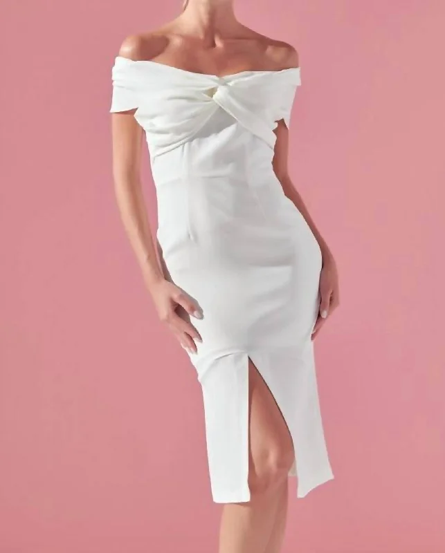 Evening Elegance Knot Front Off The Shoulder Midi Dress In White Exquisite Craftsmanship