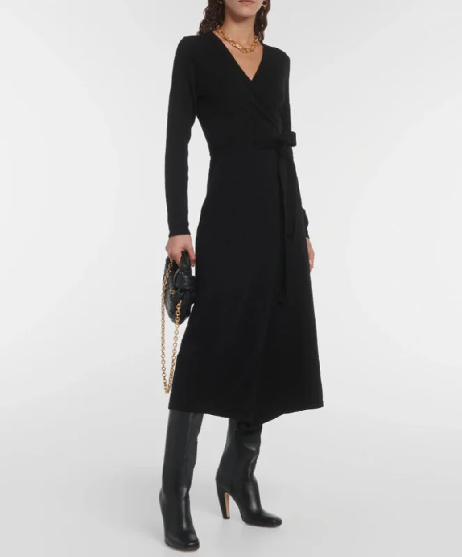 Seasonal Trends Diane Von Furstenberg Dvf Women Astrid Wool Cashmere Wrap Midi Dress Black Feminine Allure