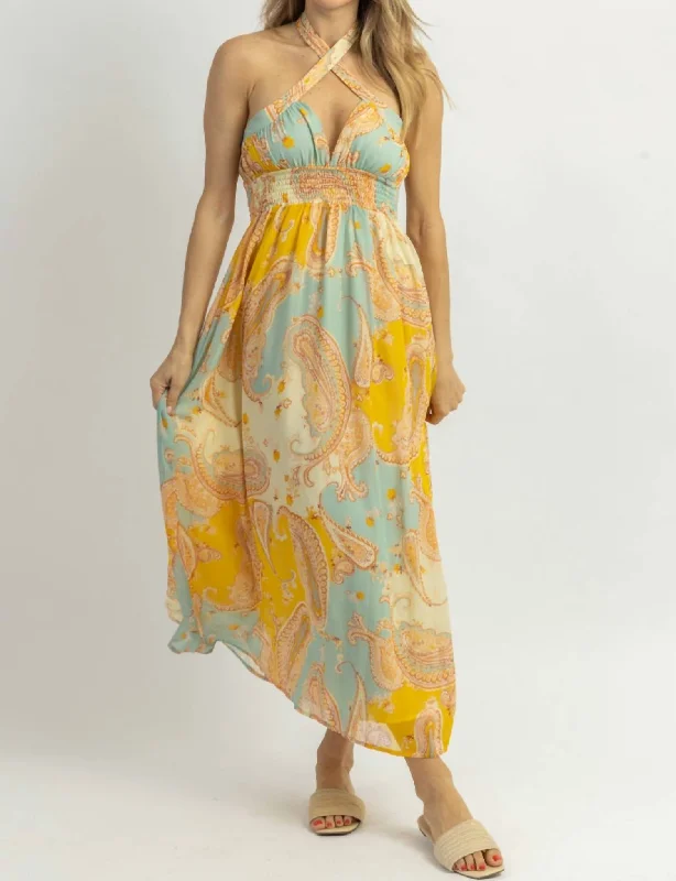 Day-To-Night Styles Lemonade Breeze Crossover Midi Dress In Yellow Romantic Flair