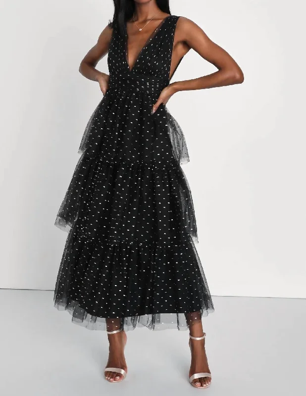 Style Upgrade Decadent Impression Tulle Tiered Shiny Dot Midi Dress In Black Feminine Flow