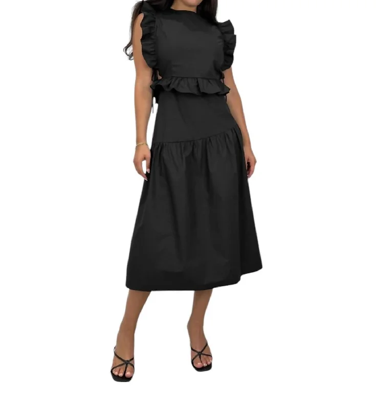 Chic Style, Always In Vogue Ruffle Trim Tie Detail Midi Dress In Black Effortless Comfort