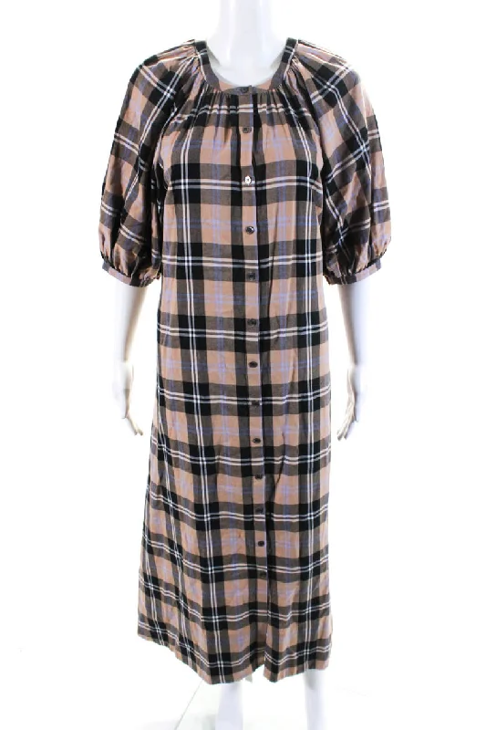 Urban Fashion Staud Womens Plaid 3/4 Sleeve Button Up A-Line Maxi Dress Beige Black Graceful Movement