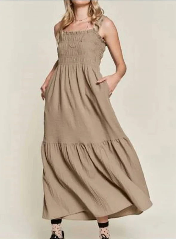 Premium Fashion Smocked Tuffle Sleeveless Midi Dress In Taupe Elegant Details