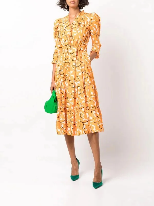 Chic & Modern Sales Leylani Ruffled Midi Dress In Paisley Buds Marigold Today Only