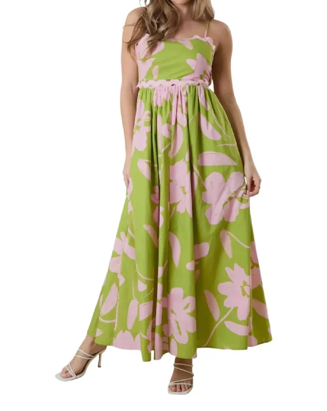 Elegant Style Poplin Ric Rac Trim Maxi Dress In Lime/pink Big Savings On Minimalist Office Styles