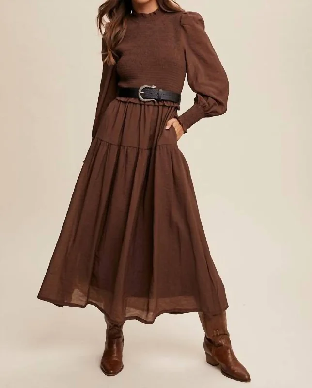 Flirty Fashion Discounts Peasant Smocked Ruffle Maxi Dress In Mocha Flowy Fabric