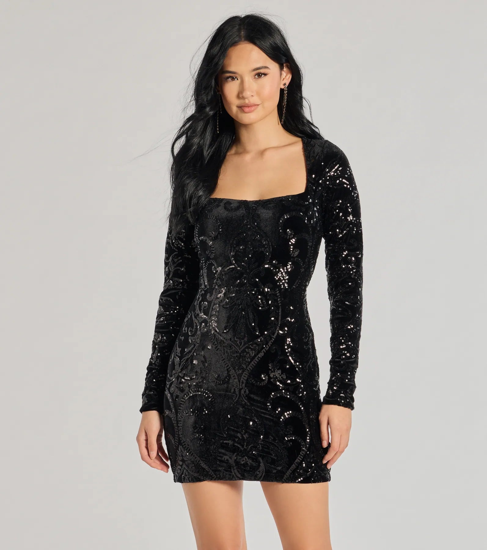 Chic Style, Always In Vogue Ayden Long Sleeve Velvet Sequin Mini Dress Now On Sale For Chic Urban Styles