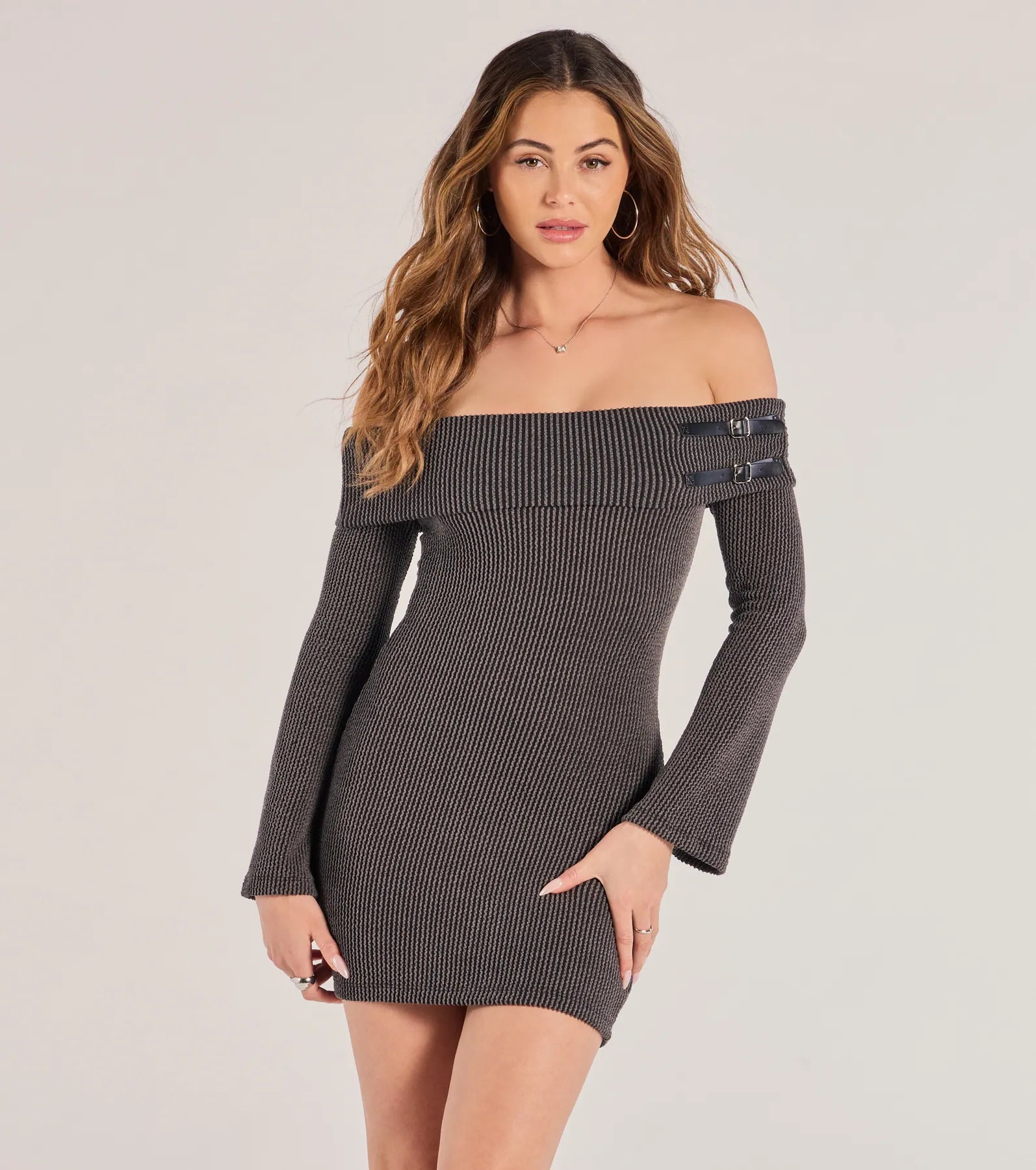 Unleash Your Style Buckled Beauty Off-The-Shoulder Knit Mini Dress Formal Outfit