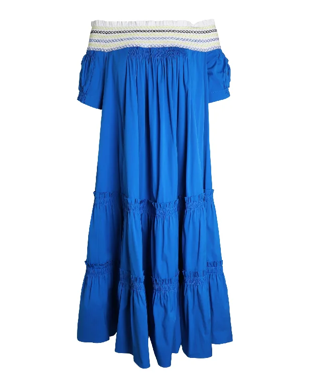 Seasonal Fashion Peter Pilotto Tiered Off-Shoulder Midi Dress in Blue Cotton Minimalist Elegant