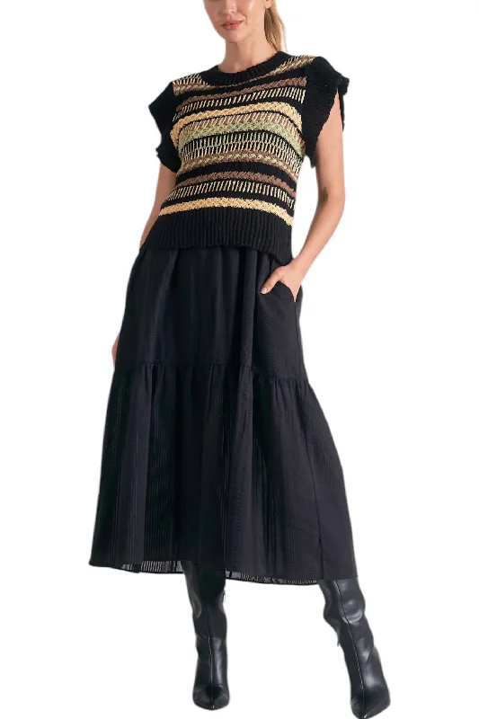 Premium Style Crew Neck Woven Midi Dress In Black Mid - Season Sale