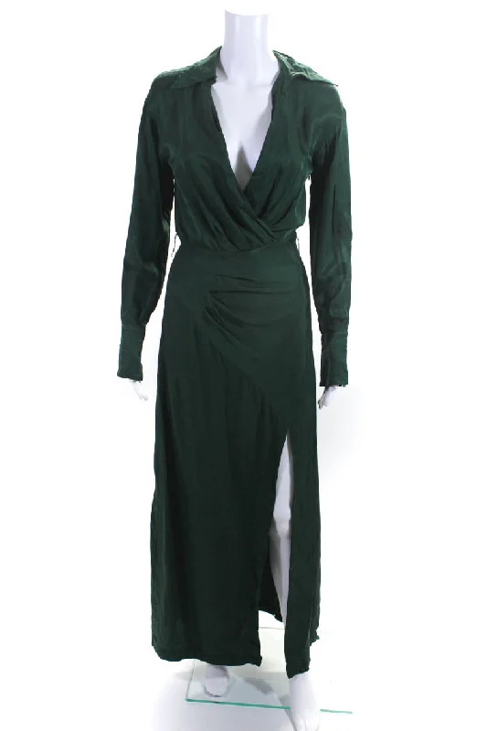 Modern Fashion Sale Nicholas Womens Collared V-Neck Long Sleeve Side Zip Maxi Dress Green Feminine Soft - Hued Look