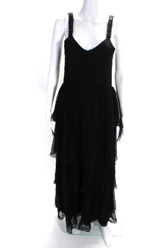 Affordable Trendy Fashion Azeeza  Womens Beaded Pleated V-Neck Sleeveless Zip Up Maxi Dress Black Big Savings On Minimalist Office Styles