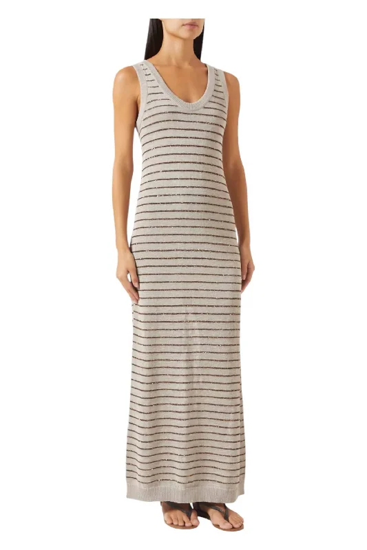 Best-Sellers Sleeveless Long Knit Maxi Dress In Grey Beige Disco - Inspired Retro Dance Look