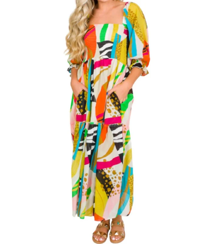 Limited Time Deal Janice Abstract Print Maxi Dress In Multi-Colored Cottagecore Rustic Charm Style