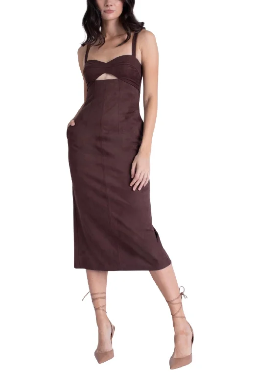 Valentine's Special Olivia Suede Midi Dress In Brown Vintage Elegance