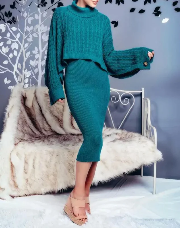 Classy Style Discounts Ribbed Midi Dress And Turtleneck Sweater Set In Teal Great Deals On Ethnic Cultural Wear