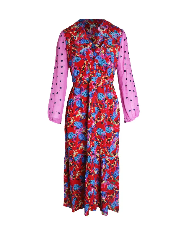 Fashionista Favorites Saloni Sheer Sleeve Printed Midi Dress in Multicolor Silk Effortless Grace