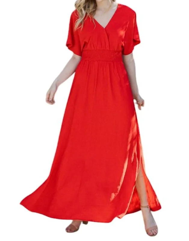 Budget-Friendly Fashion Solid Woven Wrap Maxi Dress In Red Elegant Details