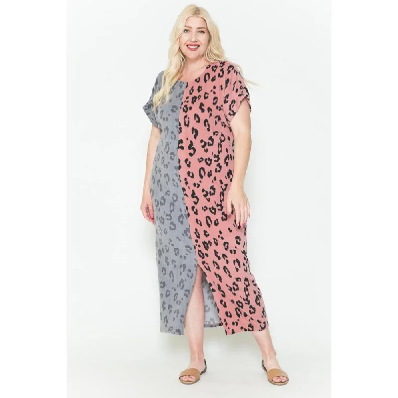 Trendy Women'S Wear Collection Front Slit Dolman Leopard Print Maxi Dress Minimalist Office - Ready Style