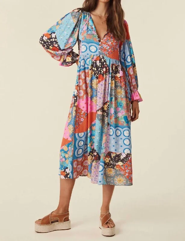 Playful Fashion Offers Cha Cha Boho Midi Dress In Jewel Floral Style