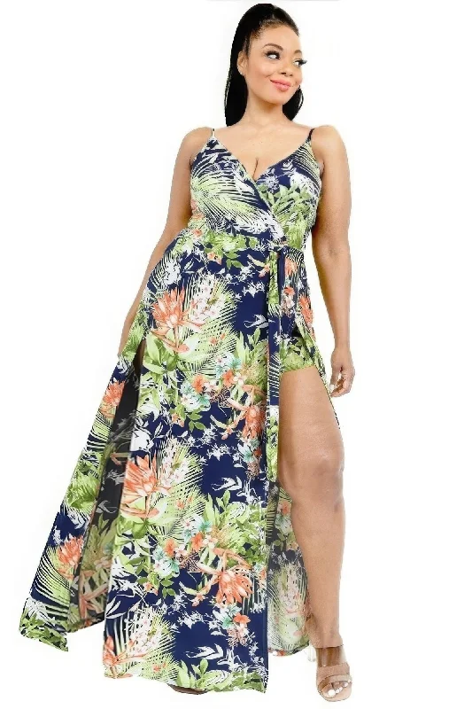 Unleash Your Trend Driven Style Plus Tropical Leaf Print Surplice Maxi Dress Vintage Elegance