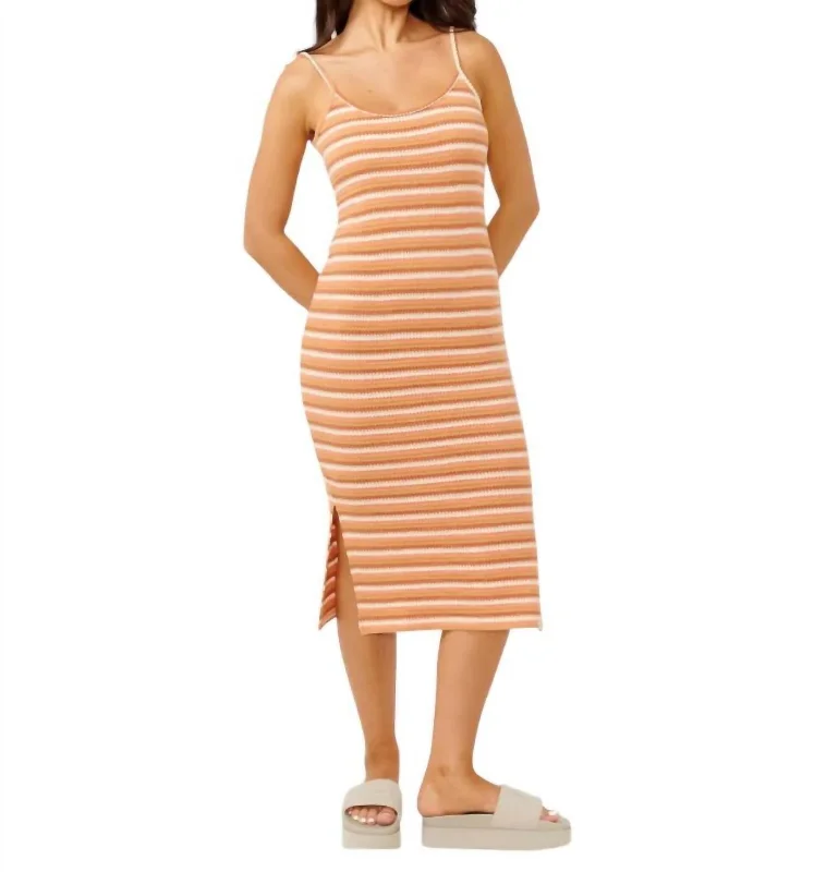 Fashionista Favorites Bobbi Stripe Midi Dress In Tan Art Deco Geometric Pattern Look