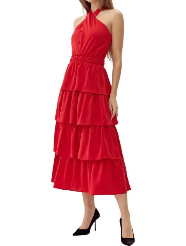 Weekend Exclusive Eleanor Halter Tiered Midi Dress In Crimson Red Graceful Drape