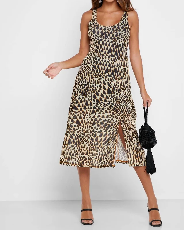 Fashion Forward Femininity Animal Print Plunge Neckline Mesh Midi Dress In Multicolor Feminine Charm