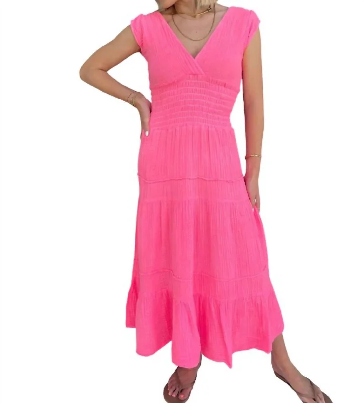 Sophisticated Fashion Smocked Midi Dress In Hot Pink Casual Chic