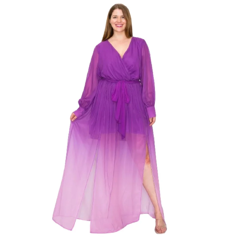 Hot Styles Ombre Chiffon Wrap Front Long Sleeve Tie Waist Slit Front Maxi Dress Floral Style