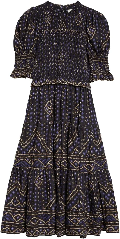 Trend Alert Sea Ny Women Delphine Pucker Cotton Puff Sleeve Smocked Midi Dress (D2) Blue Modern Glamour