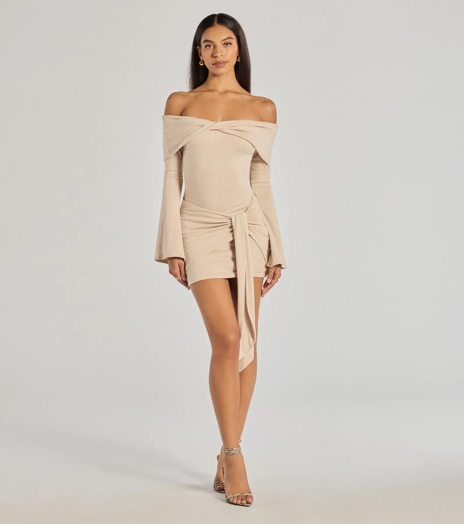 Mega Sale Flirty Twist Off-The-Shoulder Soft Knit Mini Dress Elegant Ensemble