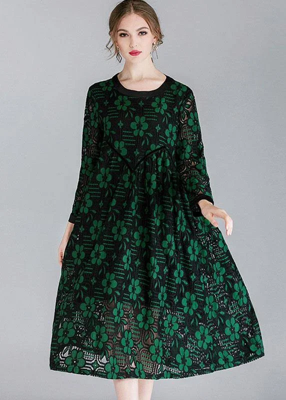 Effortless Style, Endless Impact Fitted Green Hollow Out Jacquard Spring Long Sleeve Mid Dress Flowy Fabric