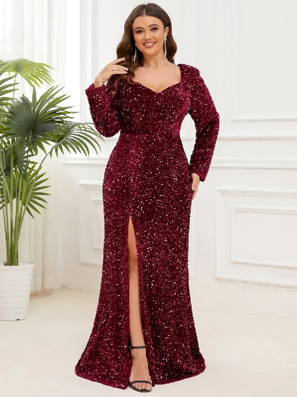 Smart Casual Deals Custom Size Long Sleeve Sequin Front Slit Bodycon Evening Dress Classic Appeal