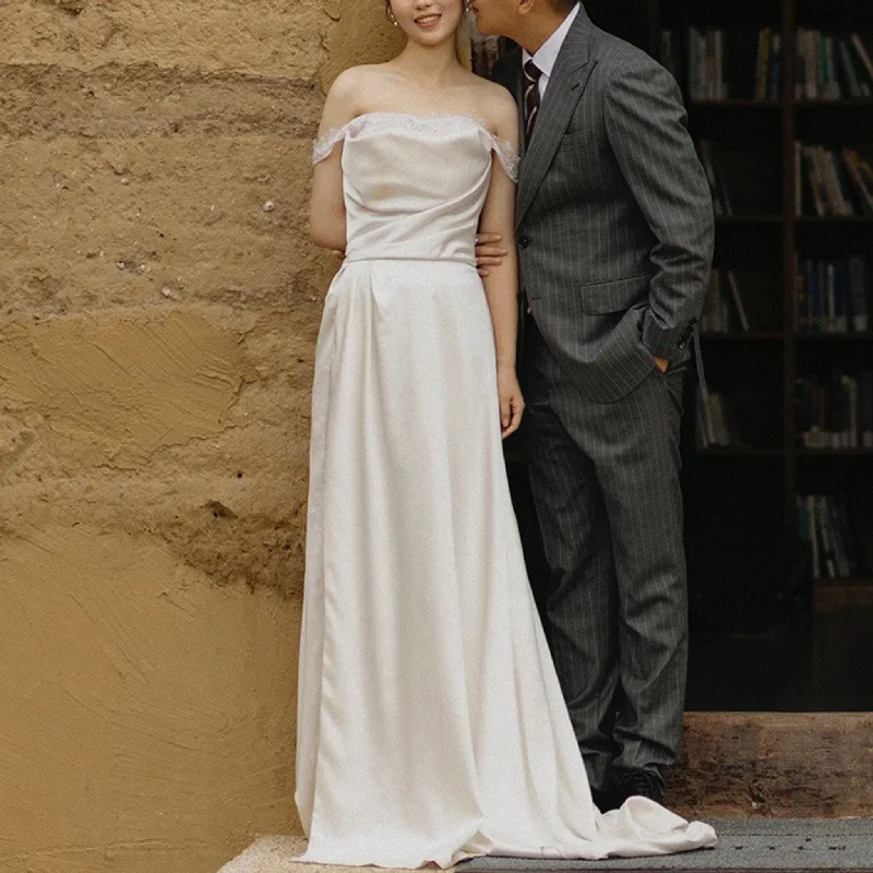 Statement Fashion Offers Off the Shoulder Sheath Satin Wedding Dress with Sheer Back Elegant Ensemble