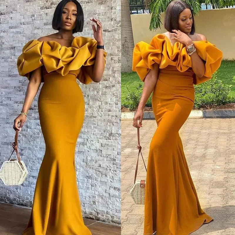 Flash Sale Starts Elegant Ginger Yellow Off-shoulder Ruffle Top Mermaid Long Bridesmaid Dress, BD3232 Statement Piece