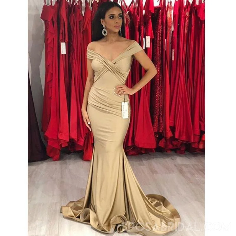 Browse Our Top Products Long Mermaid Modest Elegant Unique Cheap Prom Dresses, Off Shoulder  Gold Bridesmaid Dresses ,PD1166 Minimalist Chic