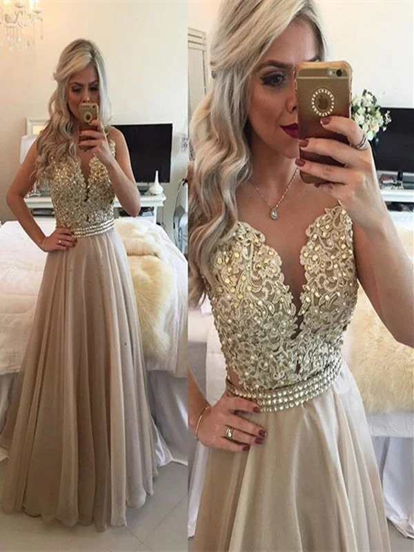 Find Your Unique Flair Custom Made A Line Round Neck Sleeveless Long Champagne Prom Dress, Champagne Formal Dress Statement Piece