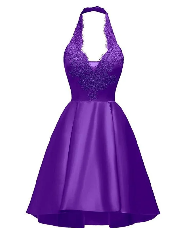 Unleash Your Trend Driven Style Halter Deep V Neck Satin Appliques Purple Backless Pleated A Line Homecoming Dresses Y854 Feminine Soft - Hued Look