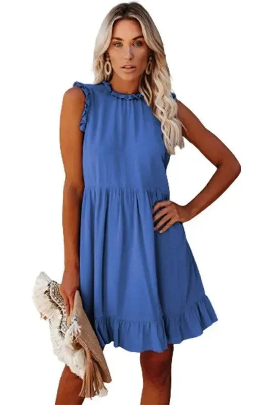 Budget Saver Sleeveless Halter Neck Ruffle Dress Flowing Silhouette