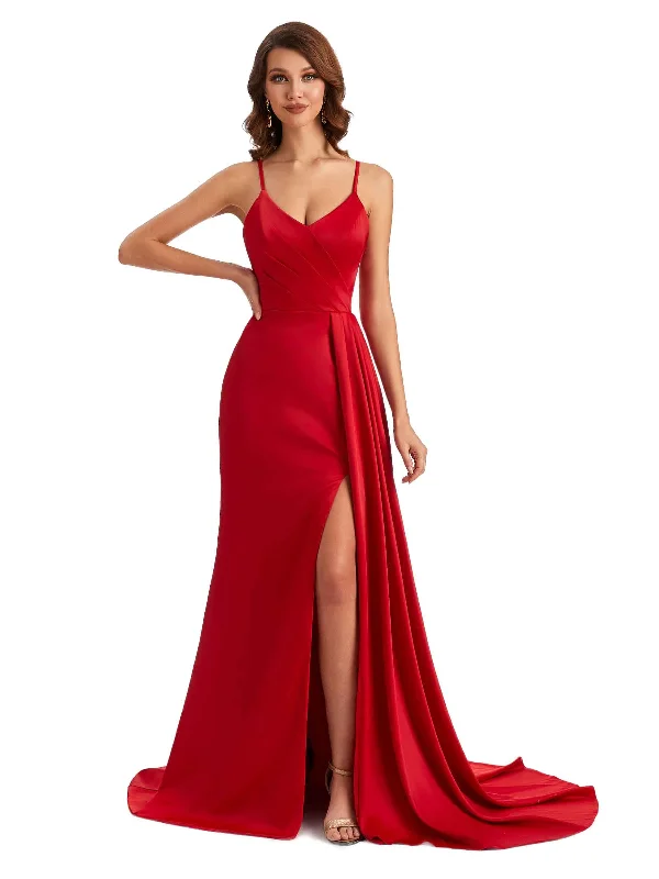 Stylish Statements Sexy Soft Satin Spaghetti Straps Pleats Side Slit Long Mermaid Wedding Guest Dresses Effortless Grace