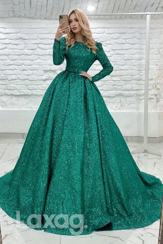 Fashion Forward Femininity 19720 - A-line Jewel Long Sleeves Sparkly Prom Dress Backless Minimalist Chic