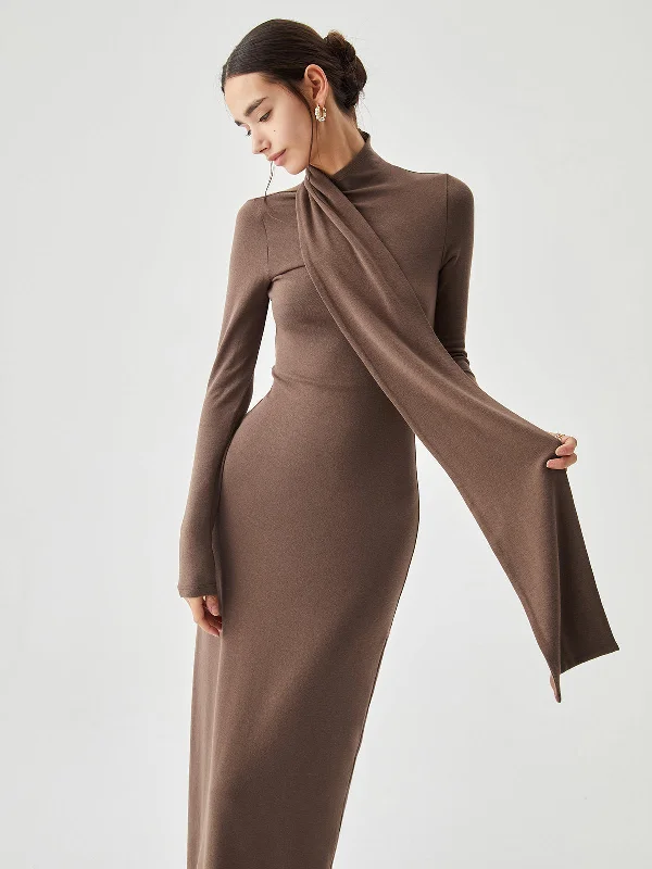 Exclusive Deals Online Bodycon High Neck Ribbed Knit Long Dress with Matching Scarf Big Savings On Minimalist Office Styles